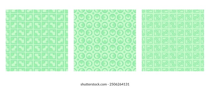 Set of abstract fantasy geometric patterns in soft green colors for background, wallpaper, print, textile, web, social media.