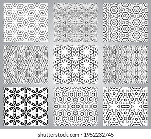 Set von abstrakten Fantasy dünnen Linie Hexagon, Dreieck geometrische nahtlose Muster. Kreatives Mosaik, Fliesenhintergrund-Kollektion.