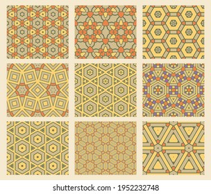 Set of abstract fantasy thin line hexagon, triangle geometric seamless patterns. Creative mosaic, tile background collection.