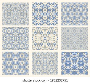 Set of abstract fantasy thin line hexagon, triangle geometric seamless patterns. Creative mosaic, tile background collection.