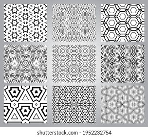 Set of abstract fantasy thin line hexagon, triangle geometric seamless patterns. Creative mosaic, tile background collection.
