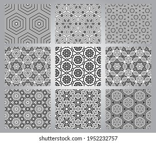 Set of abstract fantasy thin line hexagon, triangle geometric seamless patterns. Creative mosaic, tile background collection.