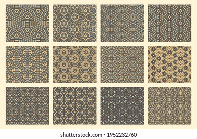 Set of abstract fantasy thin line hexagon, triangle geometric seamless patterns. Creative mosaic, tile background collection.