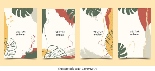 A set of abstract fashion art backgrounds in a minimal style with elements of monstera leaves. Design for social networks, simple, stylish wallpaper design. Vector flat illustration. Space for text - Shutterstock ID 1896982477