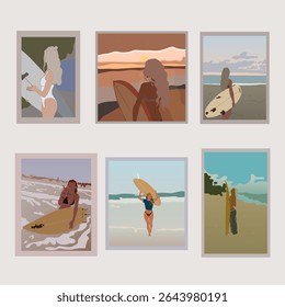 Set Of Abstract Fashion Beach Girl In Swimsuit And Surf Trendy Groovy Illustrations Posters Vector Design