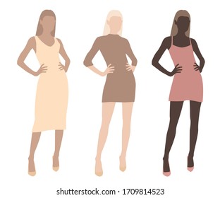 Conjunto de siluetas y formas hembras de moda abstracta, mujeres elegantes de diferentes colores de pieles y vestidos en colores pastel, ilustración vectorial de constructor de caracteres 