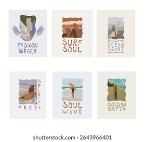 Set Of Abstract Fashion Surfing Girls T-shirt Prints Or Posters Templates Vector Design