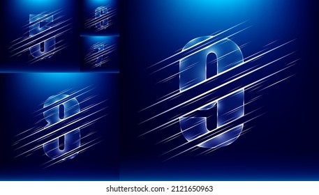 set of abstract fast speed luxury glass number character from five to nine and blue color background.  vector illustration eps10