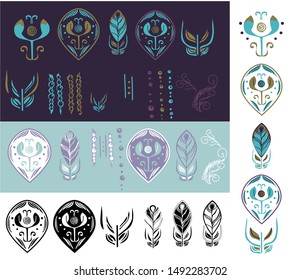 A set of abstract feather elements in the vector to create a pattern.