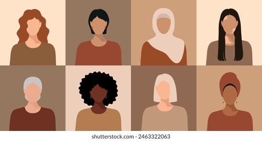 Set of abstract female faceless characters. Modern portraits of women of different nations and skin colors. Clipart for, Banner, Poster, Flyer, Greeting Card, Web Design, Print Design. Vector eps10