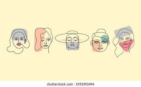 Set of abstract female faces, contour sketch of a female face. Vector illustration.