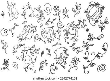 Set of abstract female faces, flowers and leaves in black outlines, in doodle art style. Vector illustration, hand-drawn, isolated on white background