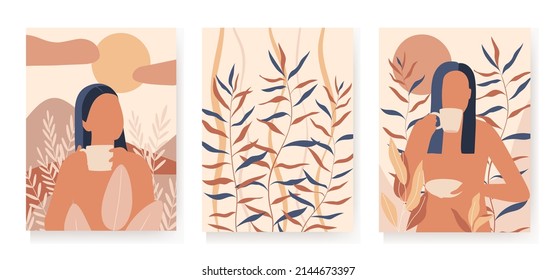 Set of abstract female figures with coffee, sun,plants. Portraits of women in minimalism style, silhouettes without face. Vector for poster, cover, flyer or wall decor.