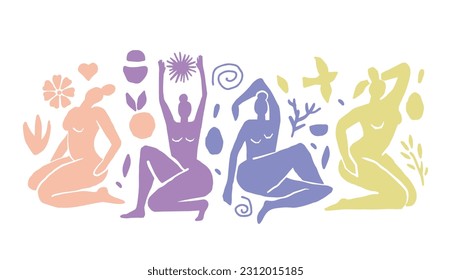 Conjunto de figuras femeninas abstractas En diferentes poses. Un estilo minimalista a la moda. Cuerpo femenino. Estilo matisse. Colores Pastel.Vector