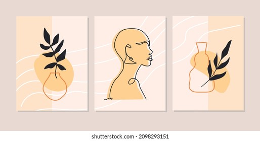 Set of abstract female figures with plants and vase. outline Portraits of women in a fashionable minimalism style. Vector for a print poster, cover, flyer or wall decor.