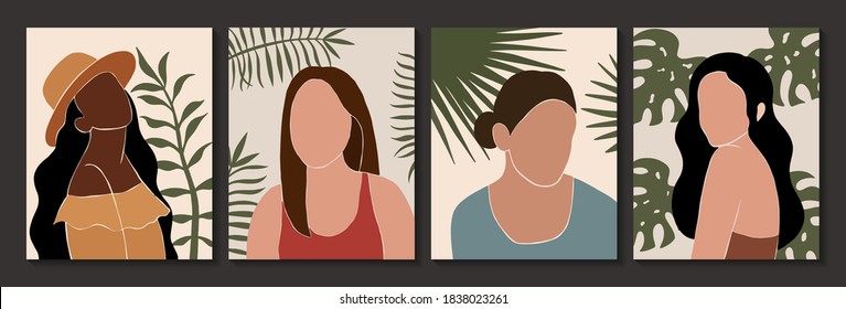 Set of abstract female and leaves silhouettes in boho style. Abstract women portraits in pastel colors. Collection of contemporary art. Fashion paper cut elements for social media posters