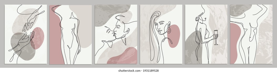 Set of abstract female one-line illustrations. Elegant silhouettes in trendy simple linear style. Portraits and bodies. Vector graphics.