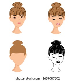 Set of abstract female portraits, face of a young woman, front view, hairstyle, bagel on her head, happy smile, outline. Stock vector illustration for decoration and design, web pages, postcards