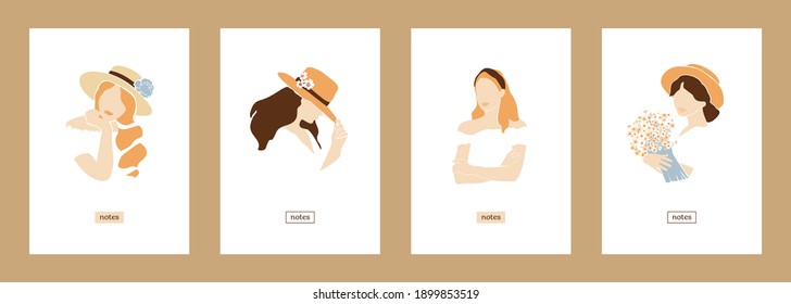 Set of abstract female portraits in retro style isolated on white. Collection of silhouettes of fashion womens in summer dresses in pastel colors. Cntemporary art posters, covers. Vector illustration