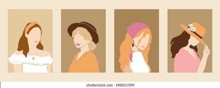 Set of abstract female portraits in retro style isolated on white. Collection of silhouettes of fashion womens in summer dresses in pastel colors. Contemporary art posters, covers. Vector illustration