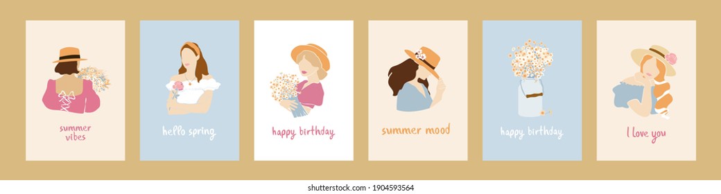 Set of abstract female portraits in retro style isolated on white. Collection of silhouettes of fashion womens in summer dresses in pastel colors. Contemporary art cards, covers. Vector illustration