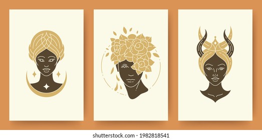 Set of abstract female portraits silhouettes modern line art drawing style. Collection of woman vector illustrations wall art posters print templates. Magic and mystic womens design concepts.