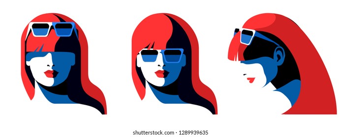 Set of abstract female portraits. Young woman face, front view, side view, long hair, sunglasses. Vector illustration