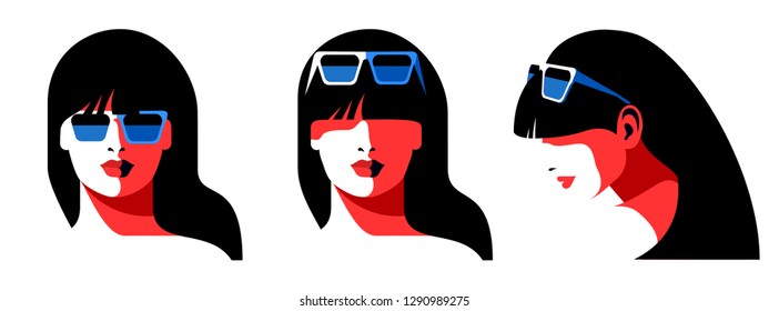 Set of abstract female portraits. Young woman face, front view, side view, long hair, sunglasses. Vector illustration