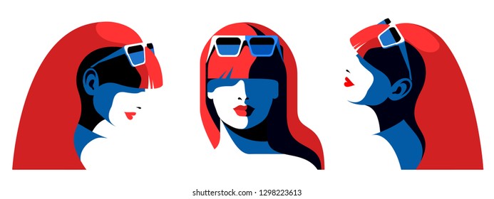 Set of abstract female portraits. Young woman face, front view, side view, looking up and down, long hair, sunglasses. Vector illustration