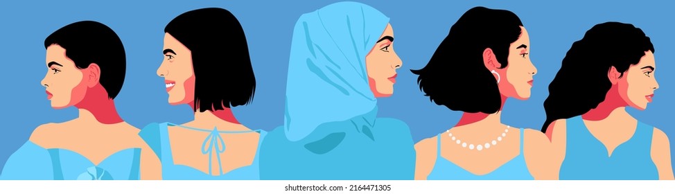 Set of abstract female portraits. Young woman face, side view, long hair, sunglasses. Silhouette group of multiethnic woman who talk and share ideas and information. African and Arabic ladies