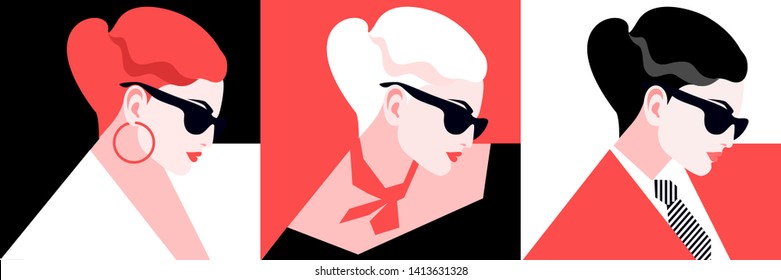 Set of abstract female portraits for your avatar. Three female characters wearing sunglasses, profile faces. Red, white, black colors. Vector illustration