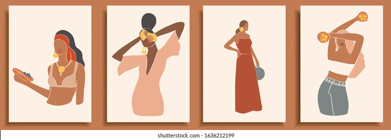 Set of abstract female shapes and silhouettes on retro summer background. Abstract women portraits in pastel colors. Collection of contemporary art posters. Fashion paper cut elements for social media