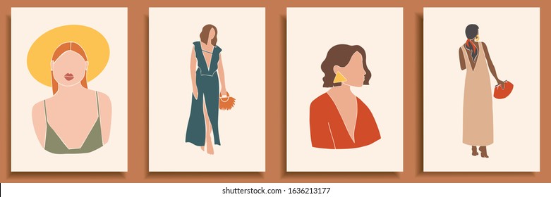 Set of abstract female shapes and silhouettes on retro summer background. Abstract women portraits in pastel colors. Collection of contemporary art posters. Fashion paper cut elements for social media