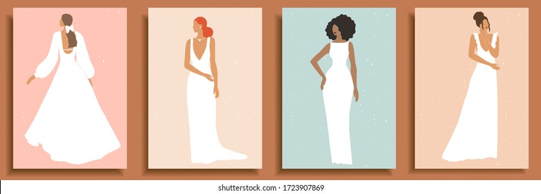 Set of abstract female shapes and silhouettes on textured background. Abstract women portraits in wedding dress in pastel colors. Collection of contemporary art posters, social media background, cards