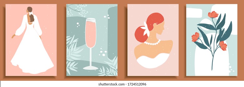 Set of abstract female shapes and silhouettes on textured background. Abstract women portraits in wedding dresses in pastel colors. champagne, cocktail in glass. Collection of contemporary art posters