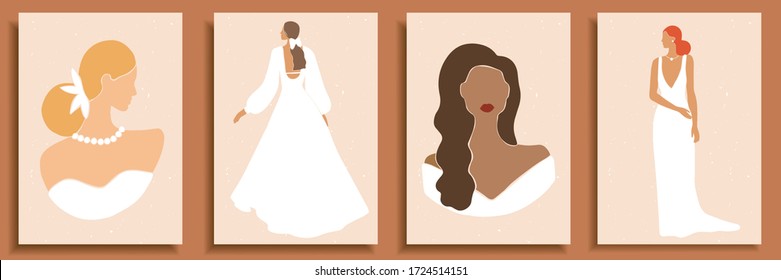Set of abstract female shapes and silhouettes on textured background. Abstract women portraits in wedding dresses in pastel colors. Collection of contemporary art posters, social media background
