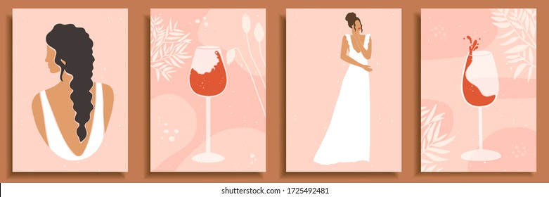 Set of abstract female shapes and silhouettes on textured background. Women portraits in wedding dresses in pastel colors. Wine in glasses. Collection of contemporary art poster, social media backdrop