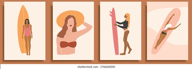 Set of abstract female shapes and silhouettes on retro summer background. Abstract women portraits in pastel colors. Collection of contemporary art posters.Girls surfers in swimsuits for social media