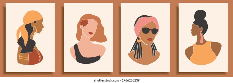 Set of abstract female shapes and silhouettes on retro summer background. Abstract women portraits in pastel colors. Collection of contemporary art posters. Fashion girls in swimsuits for social media