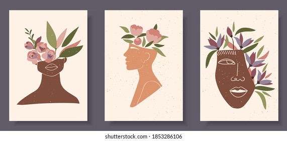 Set of abstract female shapes and silhouettes on textured background. Abstract women lips, eyes, face in pastel colors. Collection of contemporary art posters. Flowers and leaves compositions.