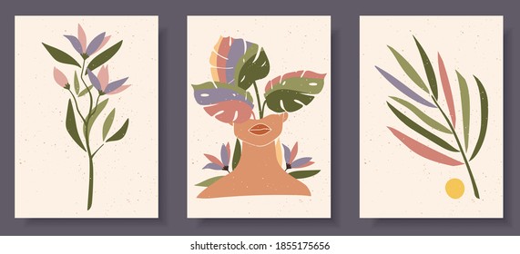 Set of abstract female shapes and silhouettes on textured background. Abstract women face, lips in pastel colors. Collection of contemporary art posters. Flowers and leaves compositions.