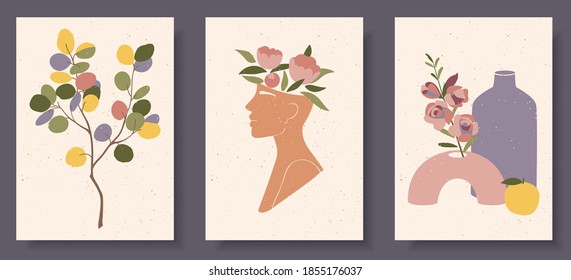 Set of abstract female shapes and silhouettes on textured background. Abstract women face, vases, fruit in pastel colors. Collection of contemporary art posters. Flowers and leaves compositions.