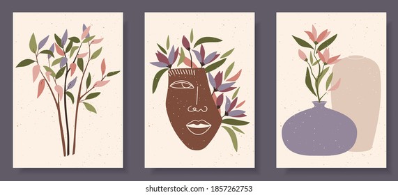 Set of abstract female shapes and silhouettes on textured background. Abstract women face vases in pastel colours. Collection of contemporary art posters. Flowers and leaves compositions.