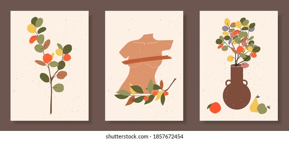 Set of abstract female shapes and silhouettes on textured background. Abstract women face, lips, vases in pastel colors. Collection of contemporary art posters. Flowers and leaves compositions.