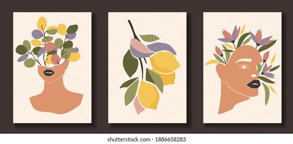 Set of abstract female shapes and silhouettes on textured background. Abstract women eyes, faces, lips in pastel colours. Collection of contemporary art posters. Flowers and leaves, lemons composition