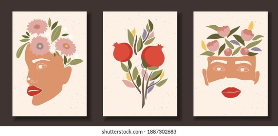 Set of abstract female shapes and silhouettes on textured background. Abstract women eyes face in pastel colours. Collection of contemporary art posters. Flowers and leaves, pomegranate compositions.