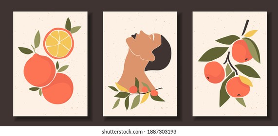 Set of abstract female shapes and silhouettes on textured background. Abstract women eyes, face in pastel colors. Collection of contemporary art posters. Tangerine and orange compositions.