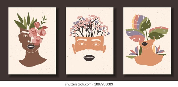 Set of abstract female shapes and silhouettes on textured background. Abstract women lips, eyes, face in pastel colors. Collection of contemporary art posters. Flowers and leaves compositions.