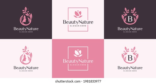 Set of abstract feminine logo design template. Beauty combine women face, flower and branch.