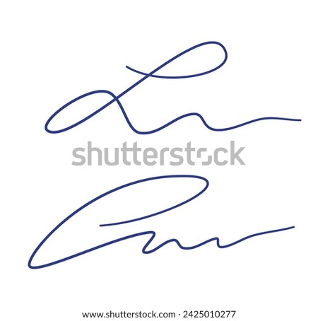 Set of abstract fictitious fake autographs in blue ink. Vector illustration of EPS10